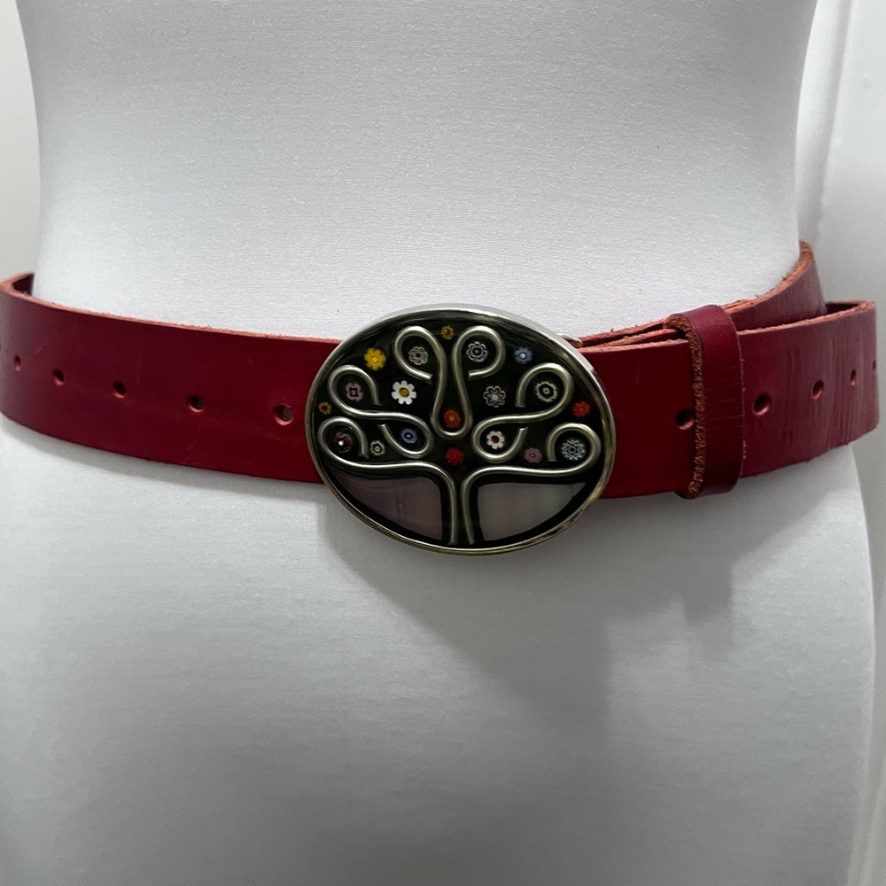 Red Leather Belt with Tree of Life Buckle